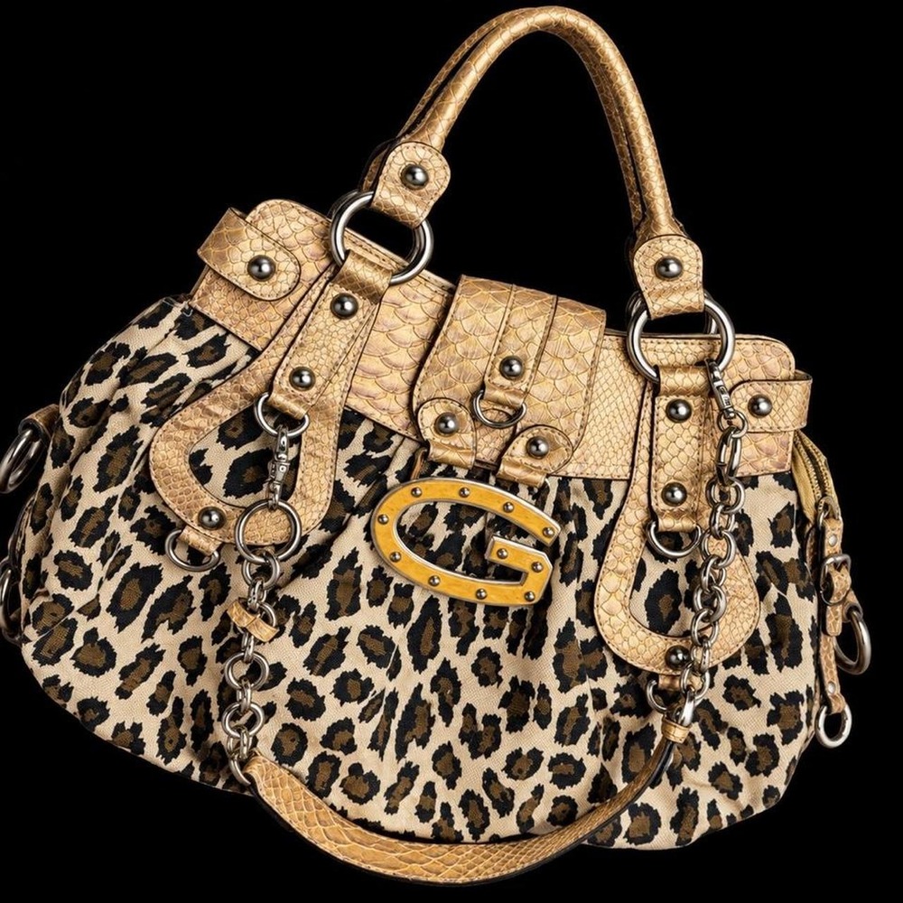 Vintage 90s GUESS Leopard Print Gold Handbag Y2K Big G Snakeskin Mafia Mob